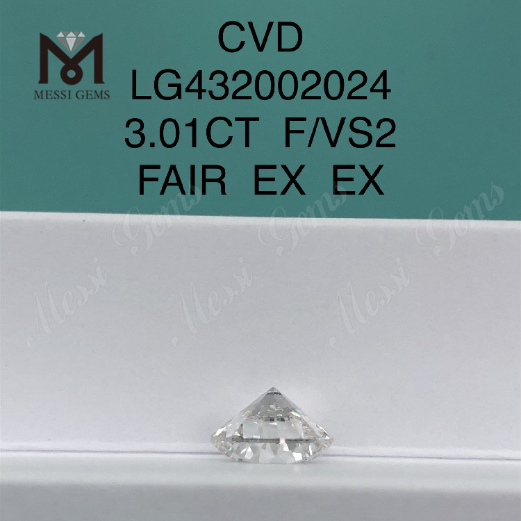3,01 Karat F/VS2 Runder, im Labor gezüchteter Diamant FAIR EX EX