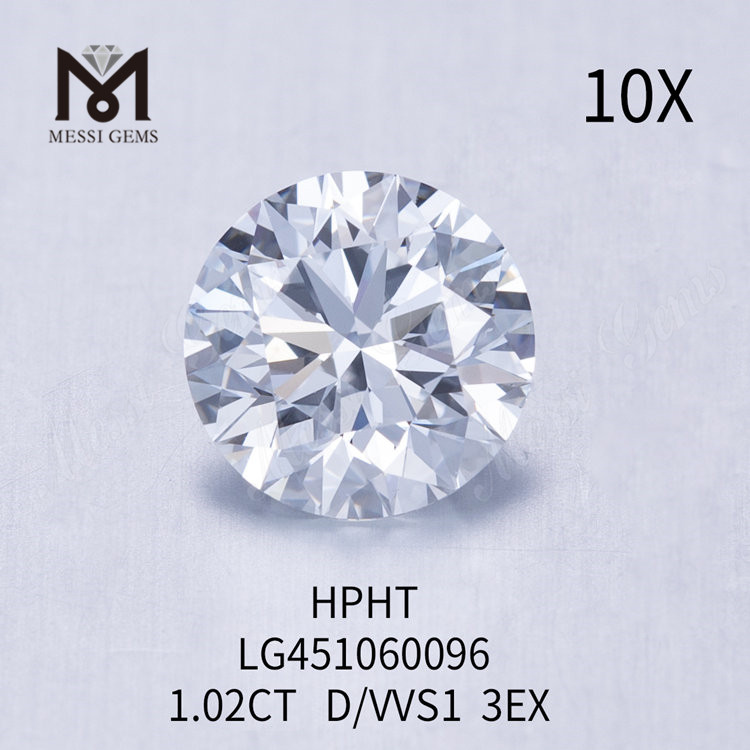 1,02 Karat D VVS1 Runder, im Labor gezüchteter Diamant mit EX-Schliff, HPHT