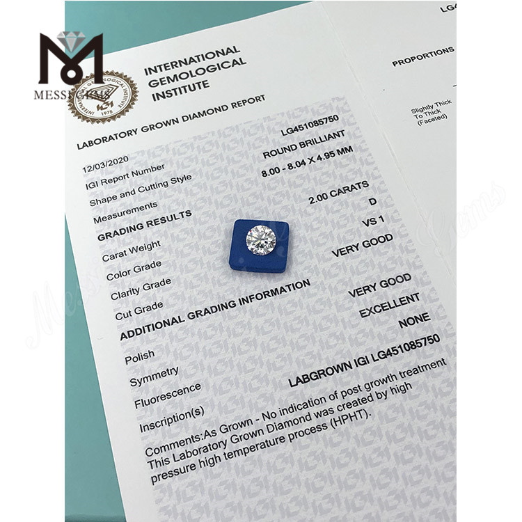 2ct D VS lose synthetische Diamanten Runde HTHP-Labordiamanten